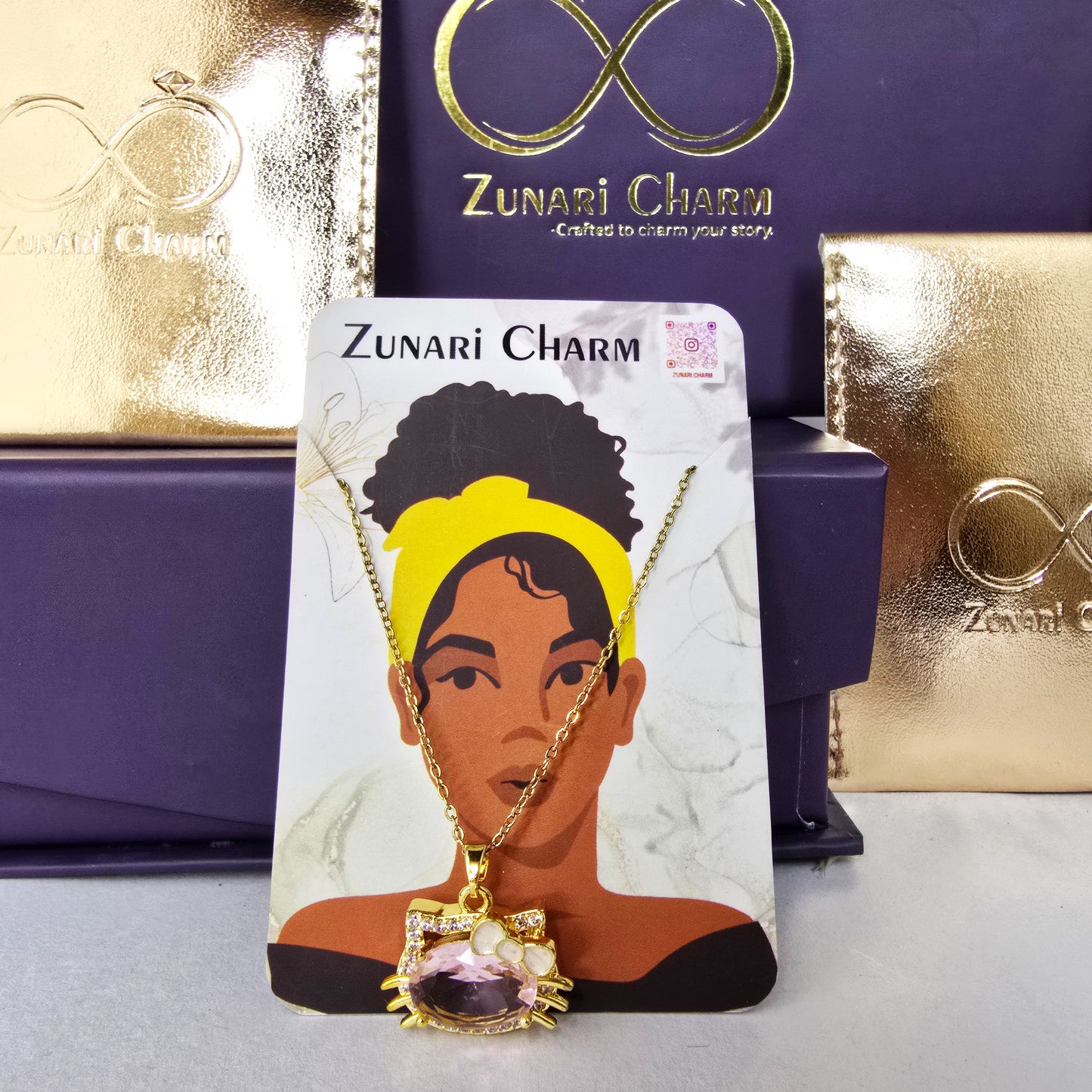 Zunari Charm kitty pendant necklace packaging premium