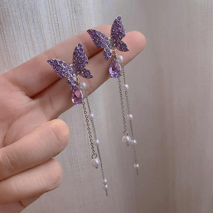 Purple butterfly earrings with pearl chain drops and lavender crystal accents - Zunari Charm