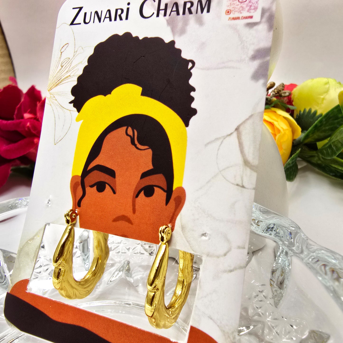 Zigzag Hoop Earrings – displayed on Zunari Charm packaging card