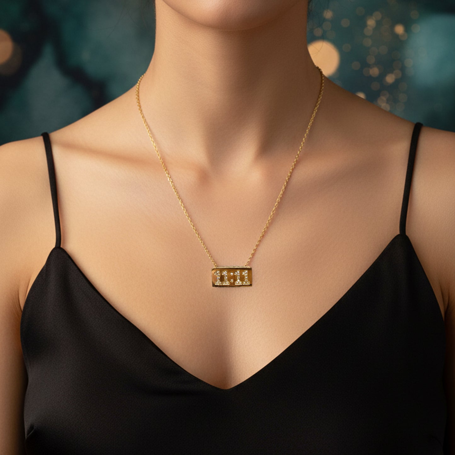 Model wearing 11:11 Pendant Chain – minimalist gold necklace with crystal numbers.