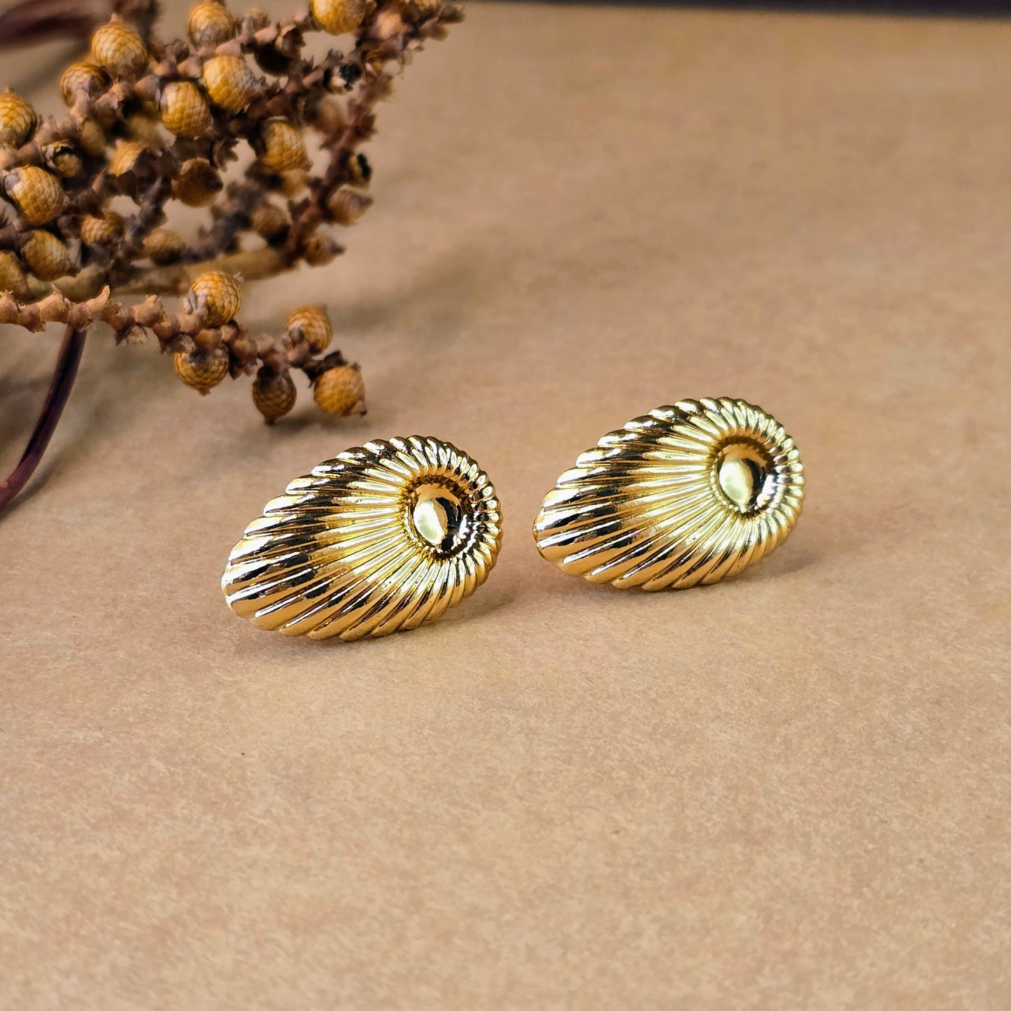 Golden Shell Ribbed Stud Earrings | Waterproof & Tarnish-Free