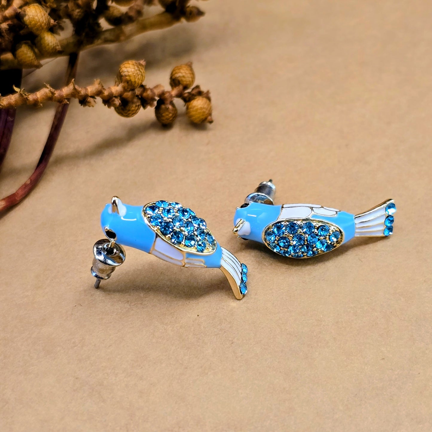 Morning Melody Bird Earrings – Blue Enamel Crystal Stud Earrings