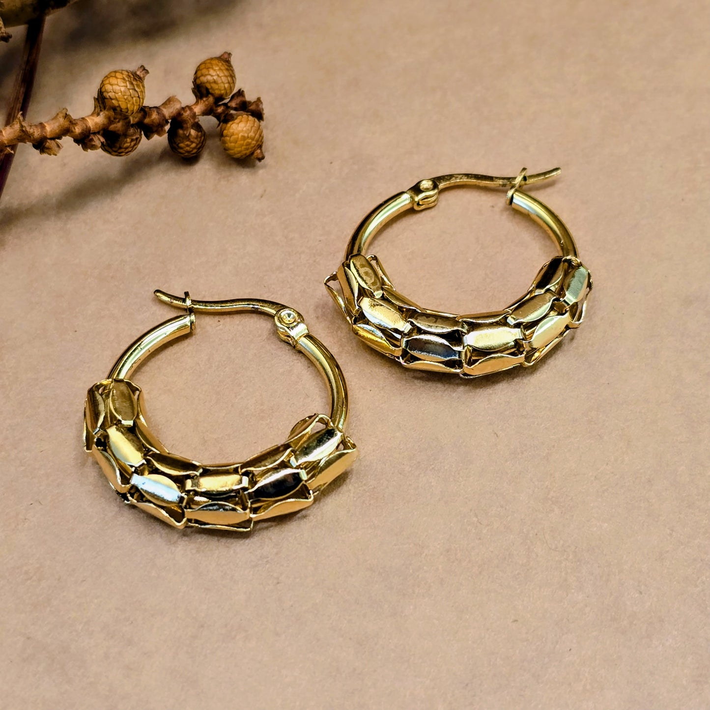Snake Scale Earrings – Gold Textured Hoops