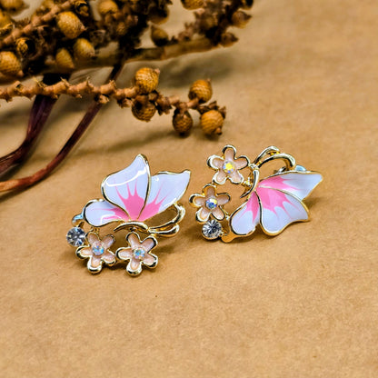 Pink Enamel Papillon Butterfly Earrings – Floral Crystal Studs
