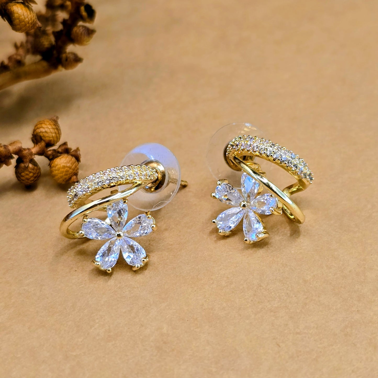 Flower In Wind Zircon Hoop Earrings – Gold Plated Anti Tarnish Floral Earrings