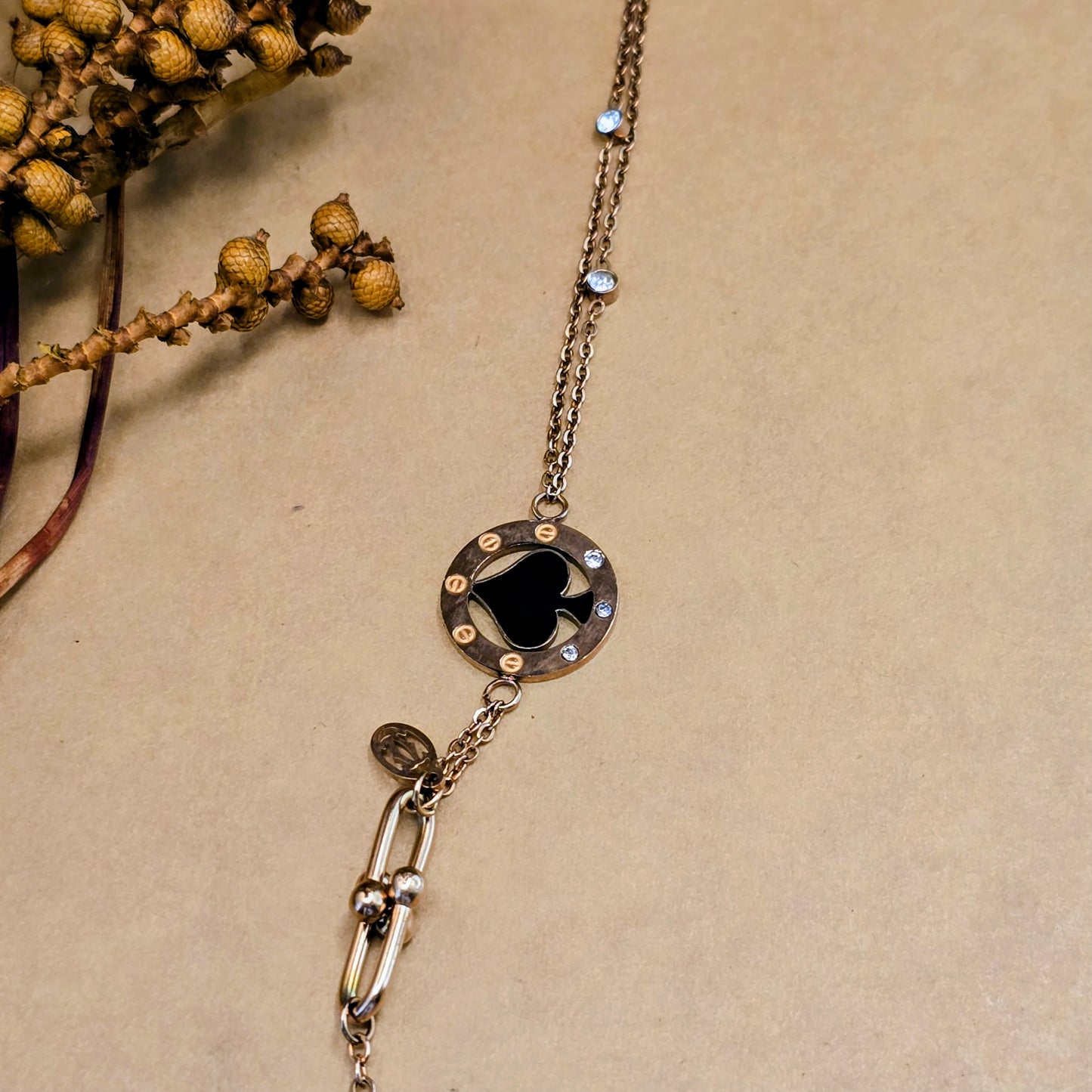 Midnight Spade Bracelet – Black Enamel Charm Gold Chain