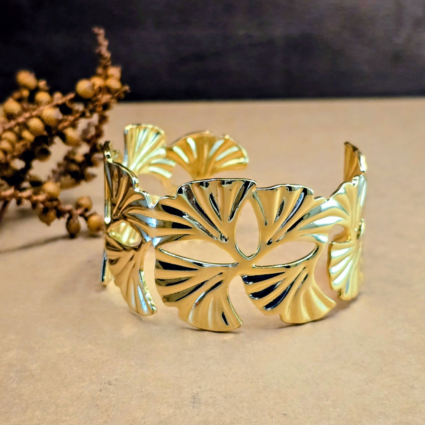 Venus Cuff Bracelet – Gold Ginkgo Leaf Statement Open Cuff for Women