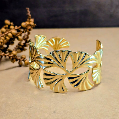 Venus Cuff Bracelet – Gold Ginkgo Leaf Statement Open Cuff for Women
