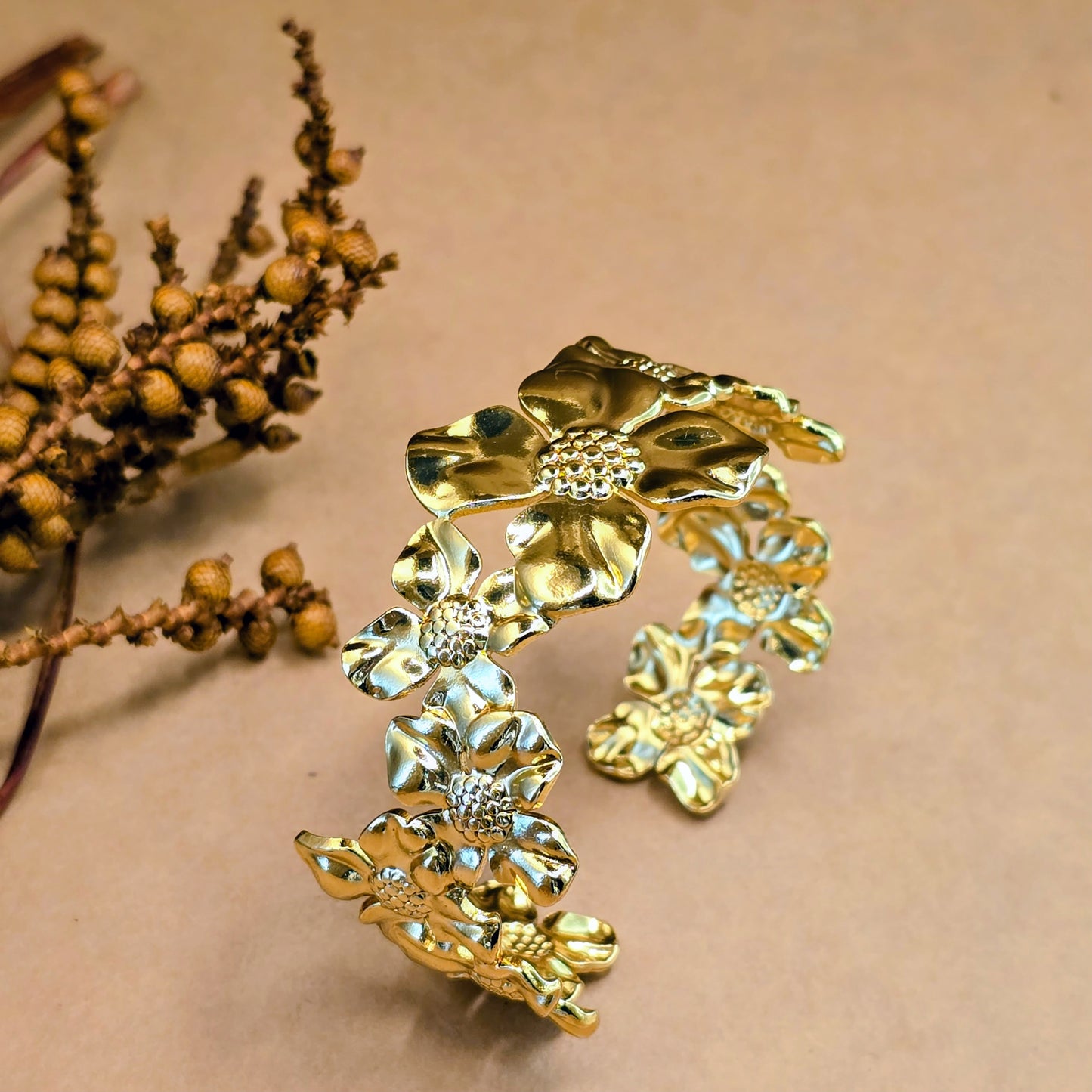 Jardin Bracelet – Gold Floral Statement Open Cuff Bracelet for Women