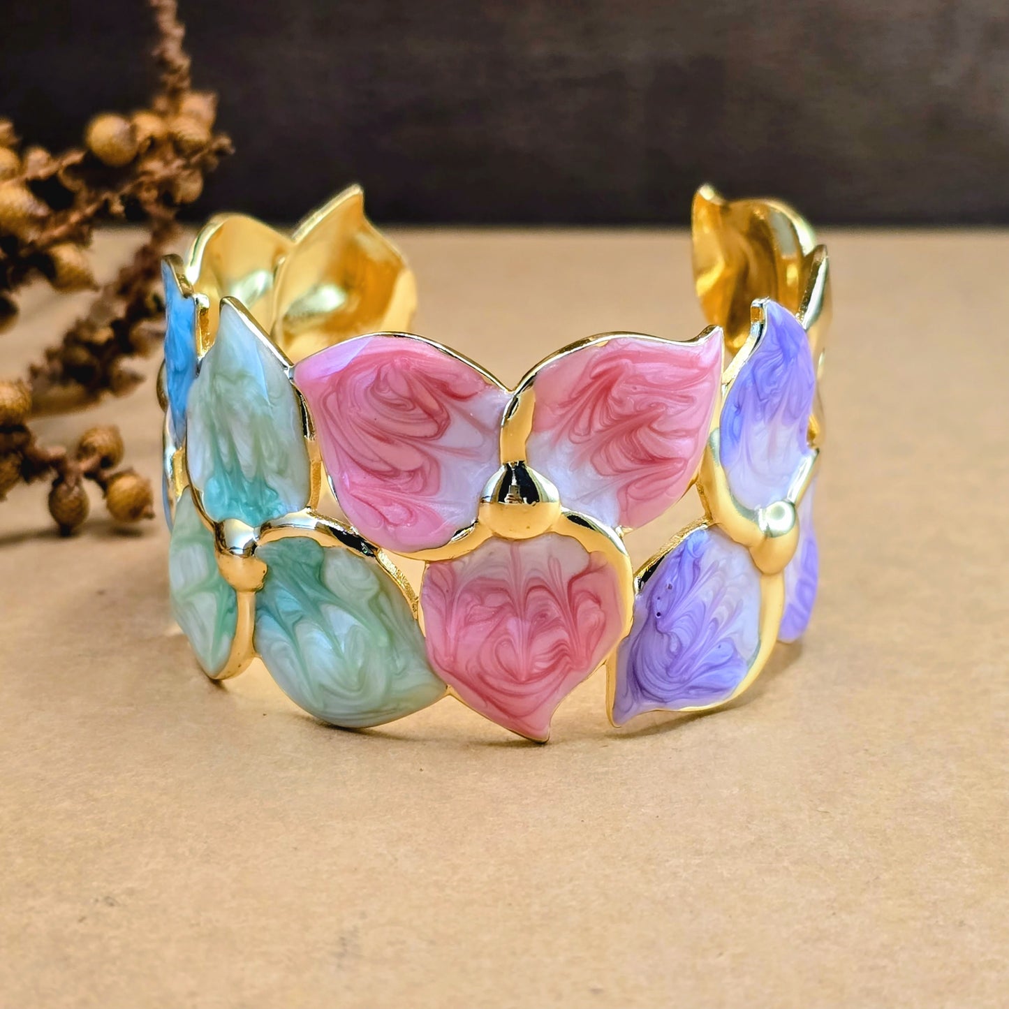Rainbow Petal Cuff Bracelet – Multicolor Gold Statement Bracelet for Women