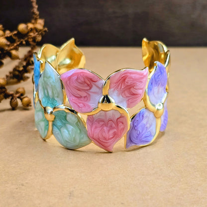Rainbow Petal Cuff Bracelet – Multicolor Gold Statement Bracelet for Women
