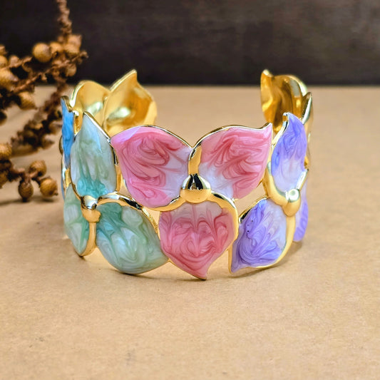 Rainbow Petal Cuff Bracelet – Multicolor Gold Statement Bracelet for Women