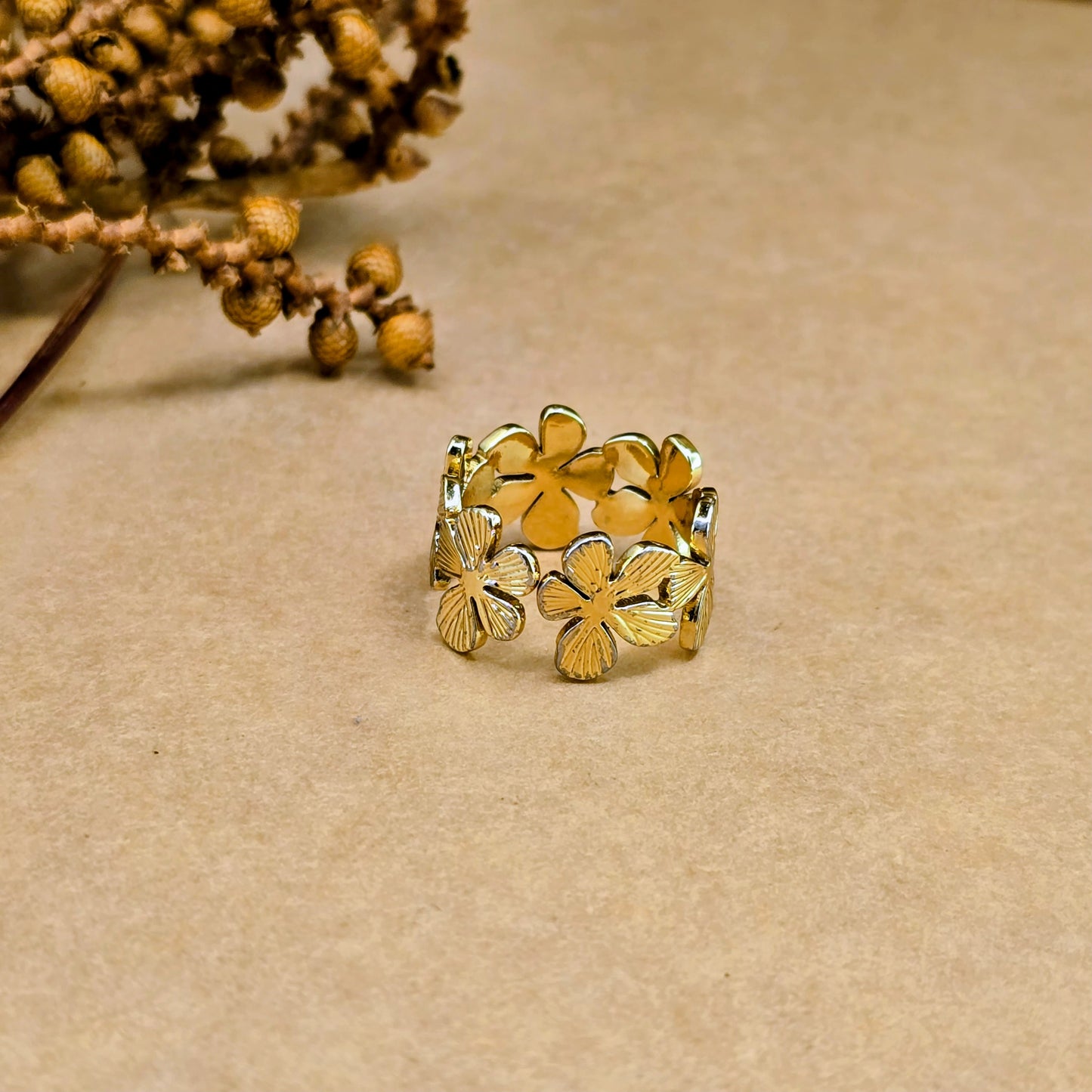 Gold Floral Statement Ring – Adjustable Anti Tarnish Flower Ring