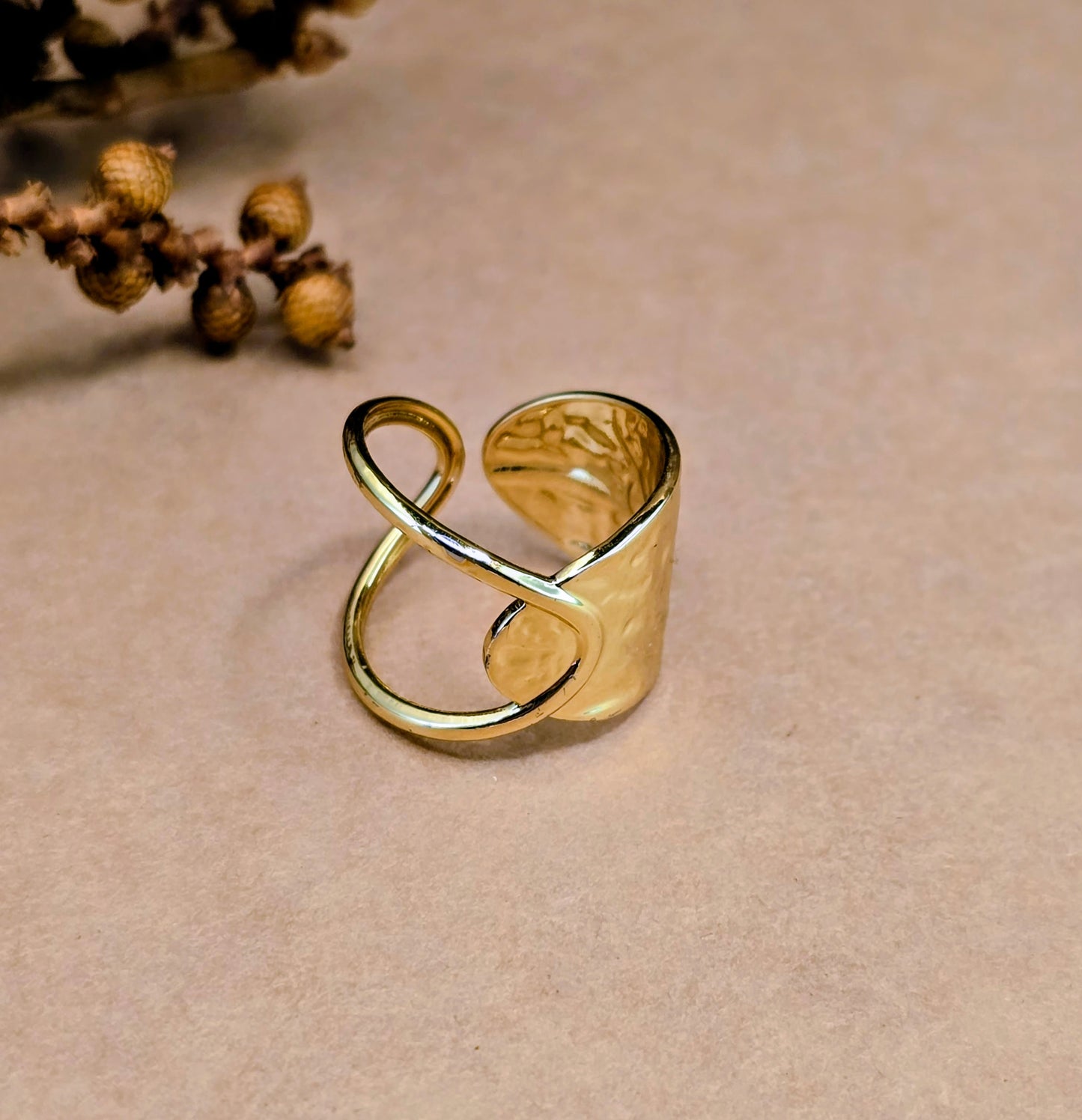 Gold Hammered Sculptural Statement Ring – Adjustable Anti Tarnish Ring
