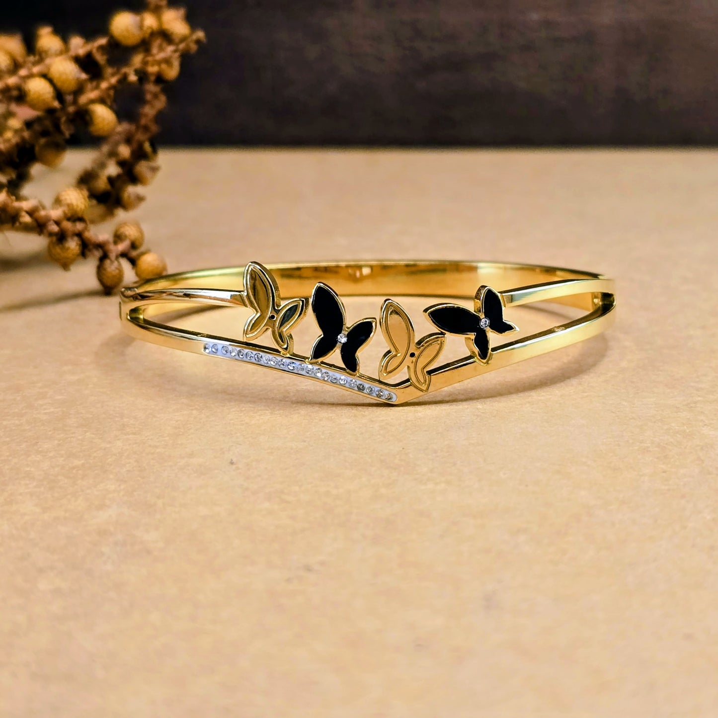 Flutter V-Shape Butterfly Bangle – Crystal Pave & Black Enamel Gold Cuff