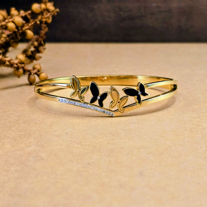 Flutter V-Shape Butterfly Bangle – Crystal Pave & Black Enamel Gold Cuff