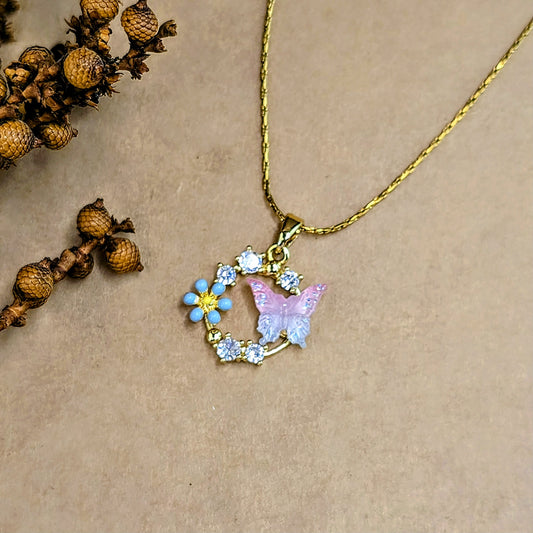 Enamel Forget-Me-Not Flower & Butterfly Gold Plated Necklace