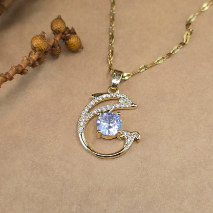 Dolphin Pendant Chain – Sparkling Gold Necklace with Cubic Zircon Stone