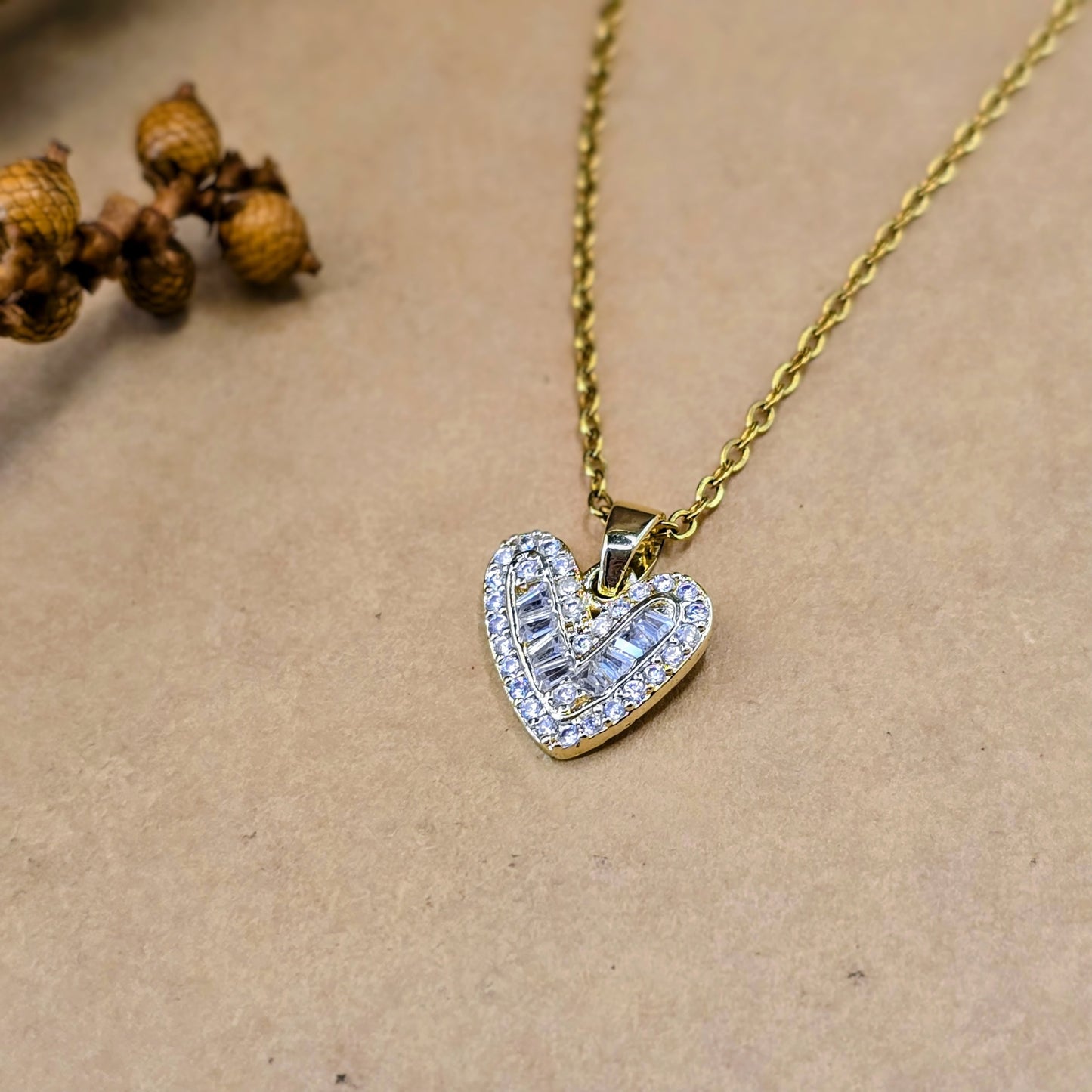 Sparkling Baguette & Pavé Crystal Heart Pendant Necklace - Gold