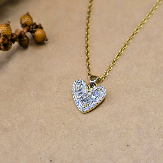 Sparkling Baguette & Pavé Crystal Heart Pendant Necklace - Gold