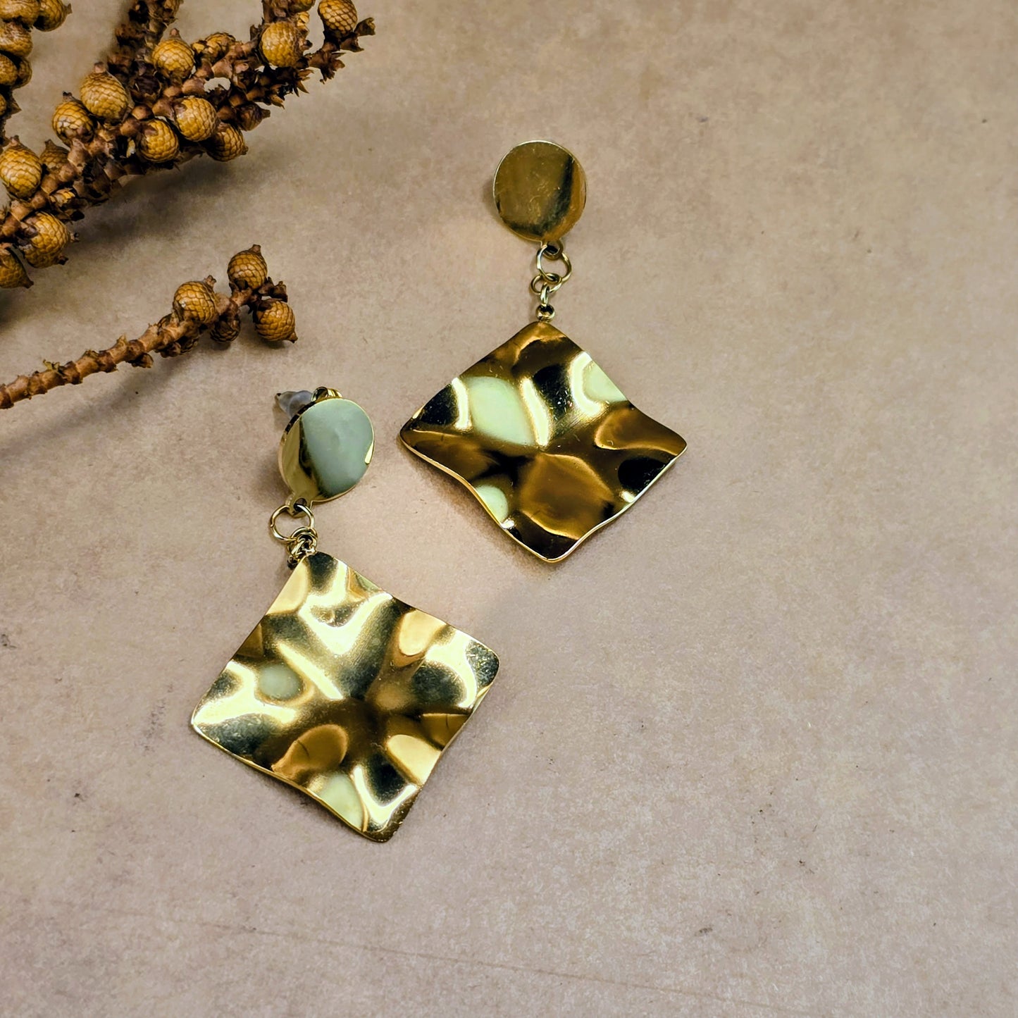 Liquid Gold Square Drop Earrings | Anti-Tarnish & Waterproof Statement Jewelry