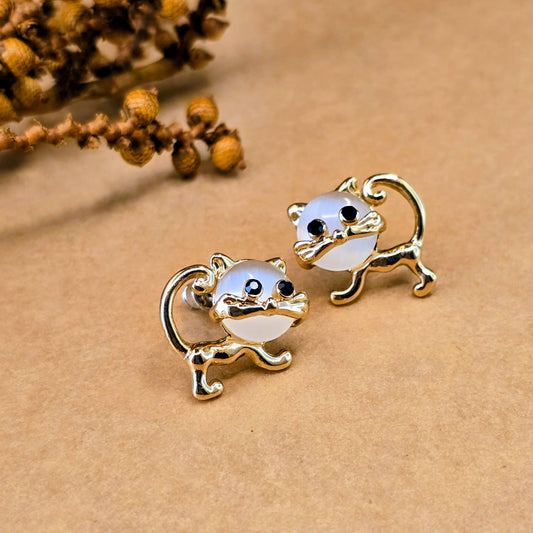 Moonstone Meow Earrings – Anti Tarnish Gold Cute Cat Studs