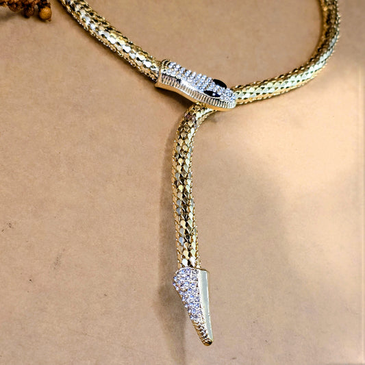 Serpent Embrace Necklace – Gold Snake Chain Choker with Crystal Detailing