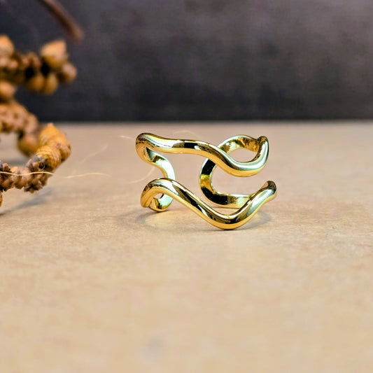Gold Wavy Open Cuff Ring – Adjustable Minimal Statement Ring
