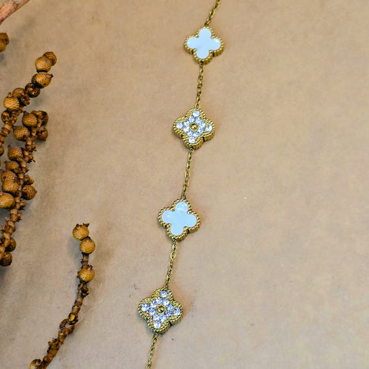 Ivory & Crystal Pave Clover Bracelet – 18k Gold Plated Anti-Tarnish