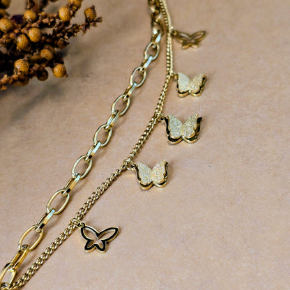 Butterfly Charm Double Chain Bracelet – 22K Gold Plated | Waterproof & Anti-Tarnish
