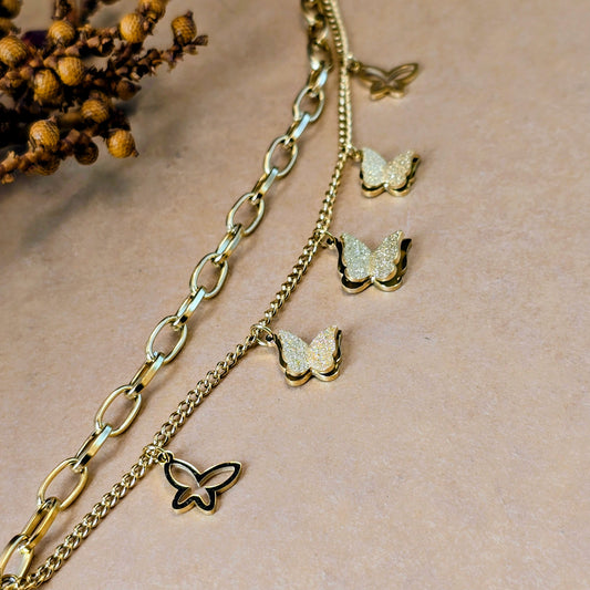 Butterfly Charm Double Chain Bracelet – 22K Gold Plated | Waterproof & Anti-Tarnish