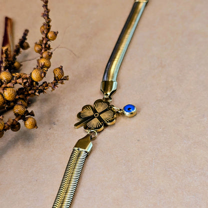 Fortuna Clover & Evil Eye Snake Chain Bracelet – 18k Gold Plated Anti-Tarnish
