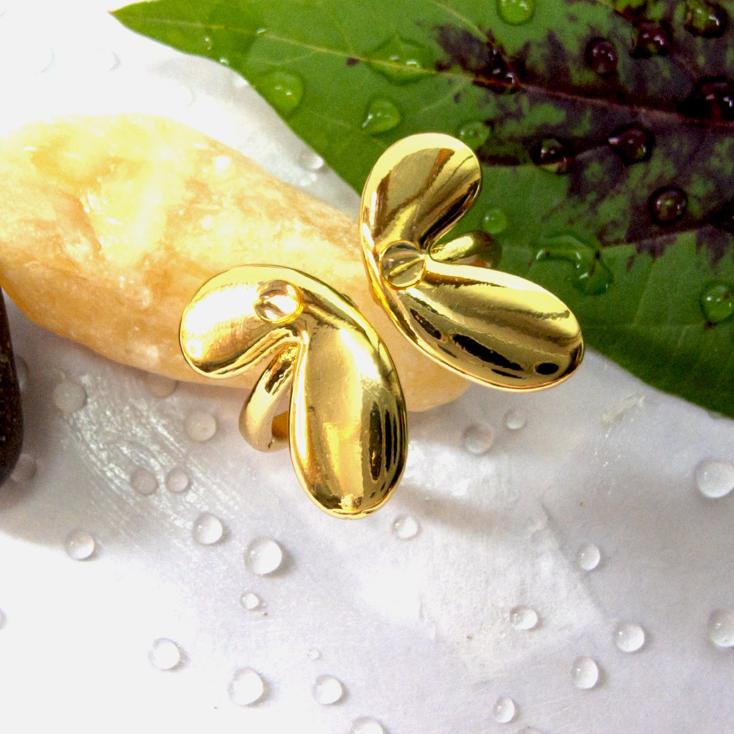 Close-up of Angel Wings Ring on decorative stones and leaf with water droplets