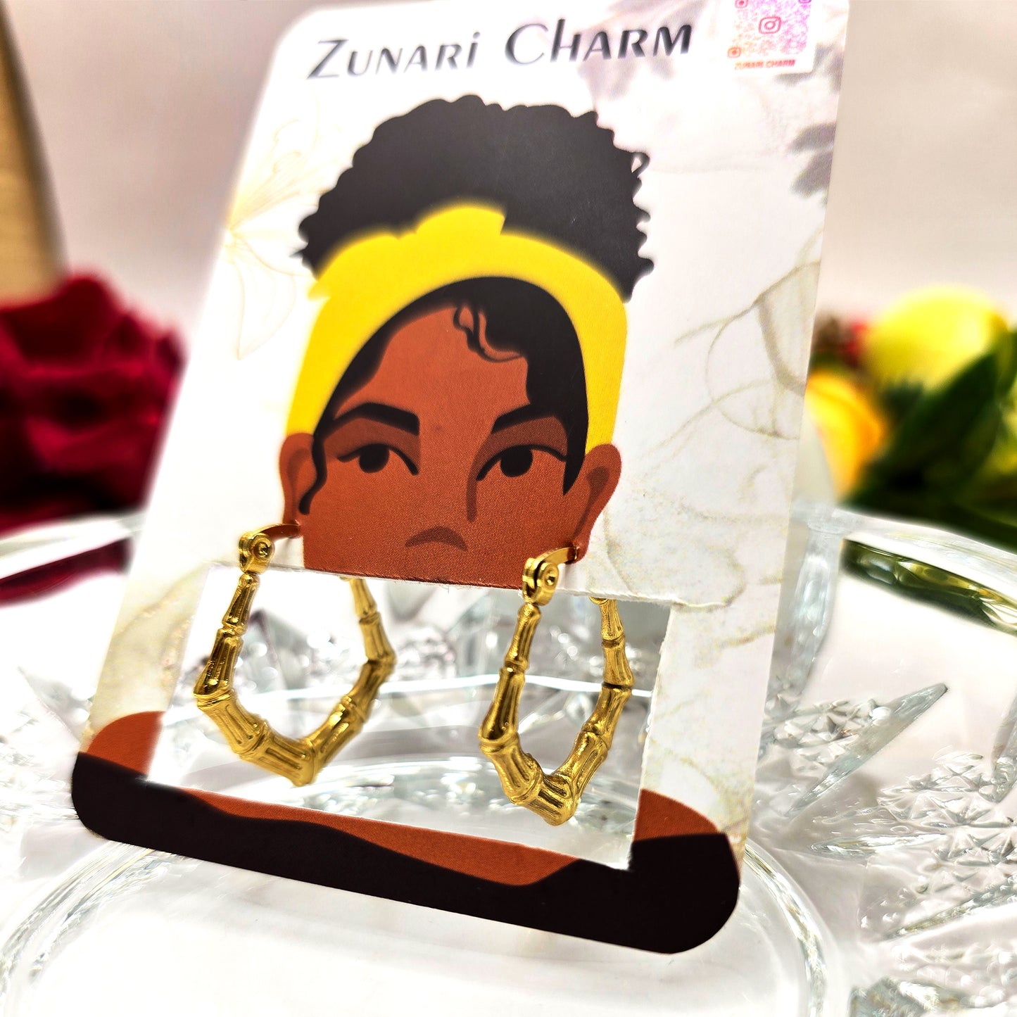 Bamboo Luxe Earrings – displayed on Zunari Charm packaging card