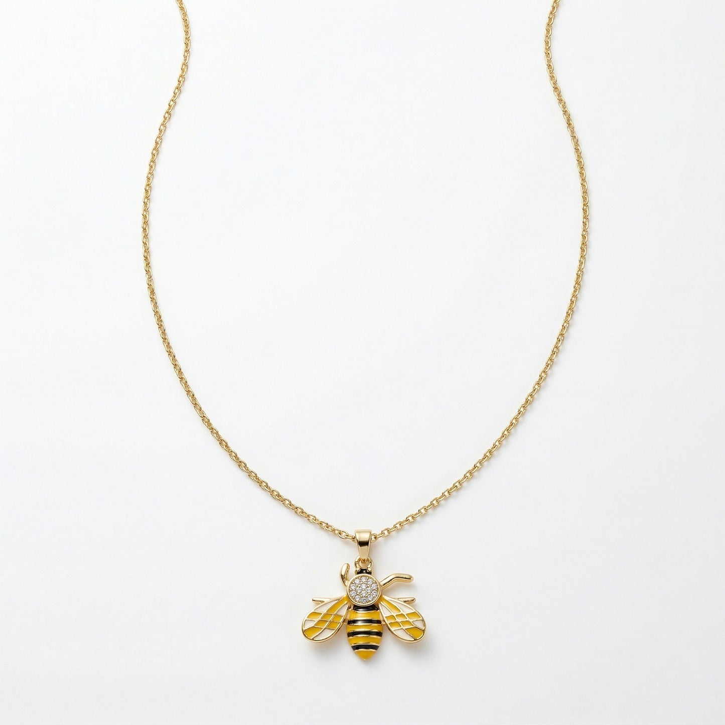 Anti tarnish bee pendant necklace gold chain white background