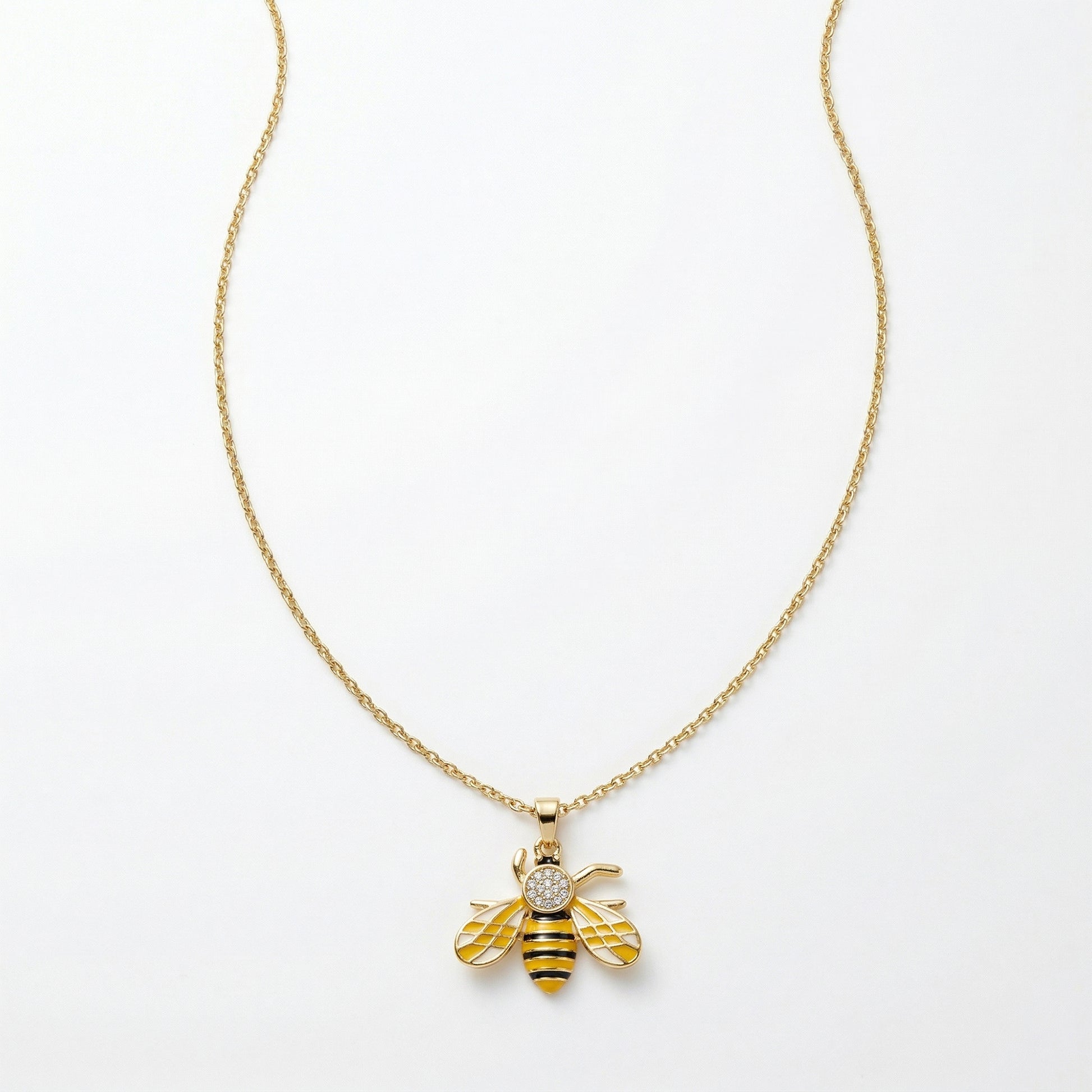 Anti tarnish bee pendant necklace gold chain white background