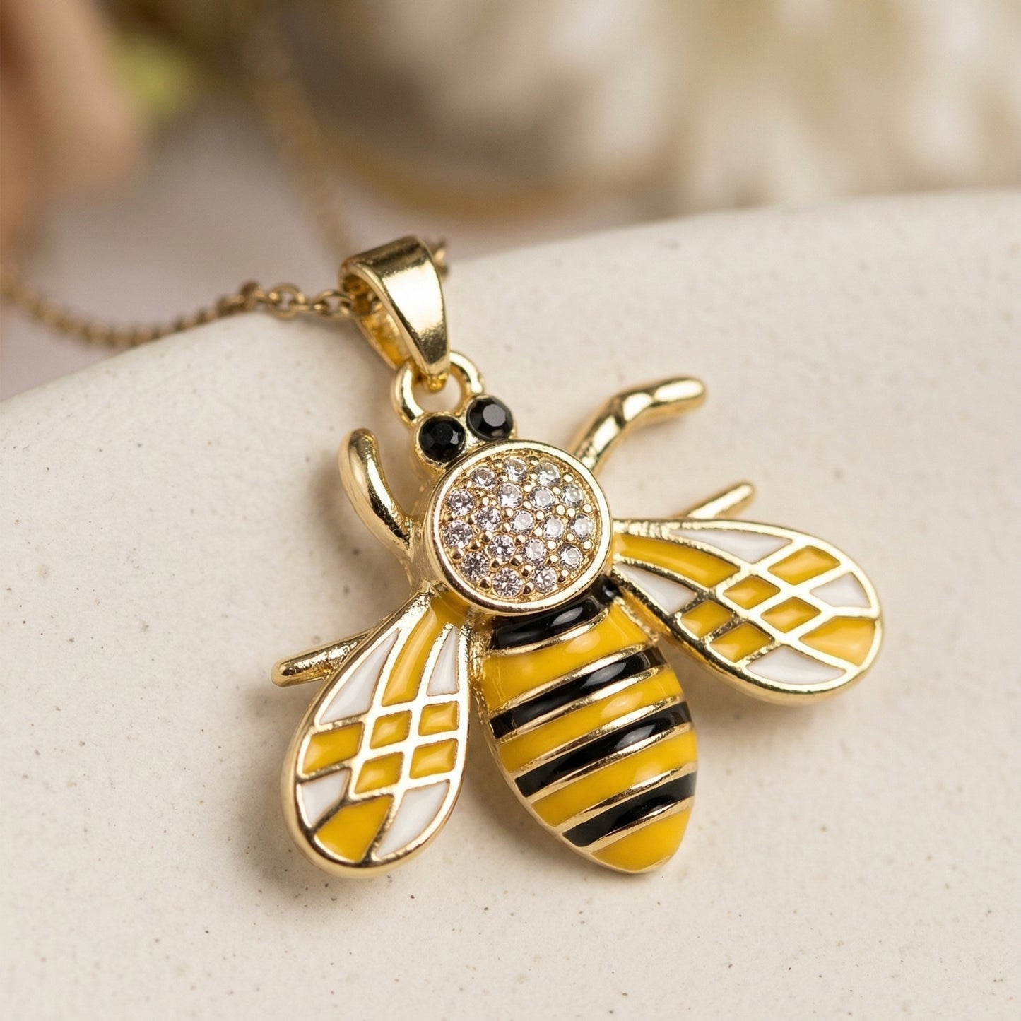 Close up honeybee pendant enamel gold crystal detail