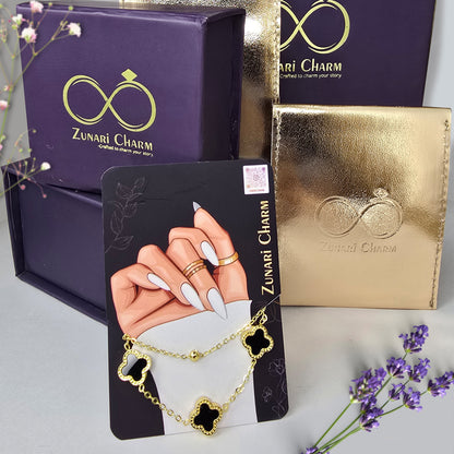 Zunari Charm black clover layered bracelet with premium packaging box and gold pouch gift ready jewelry