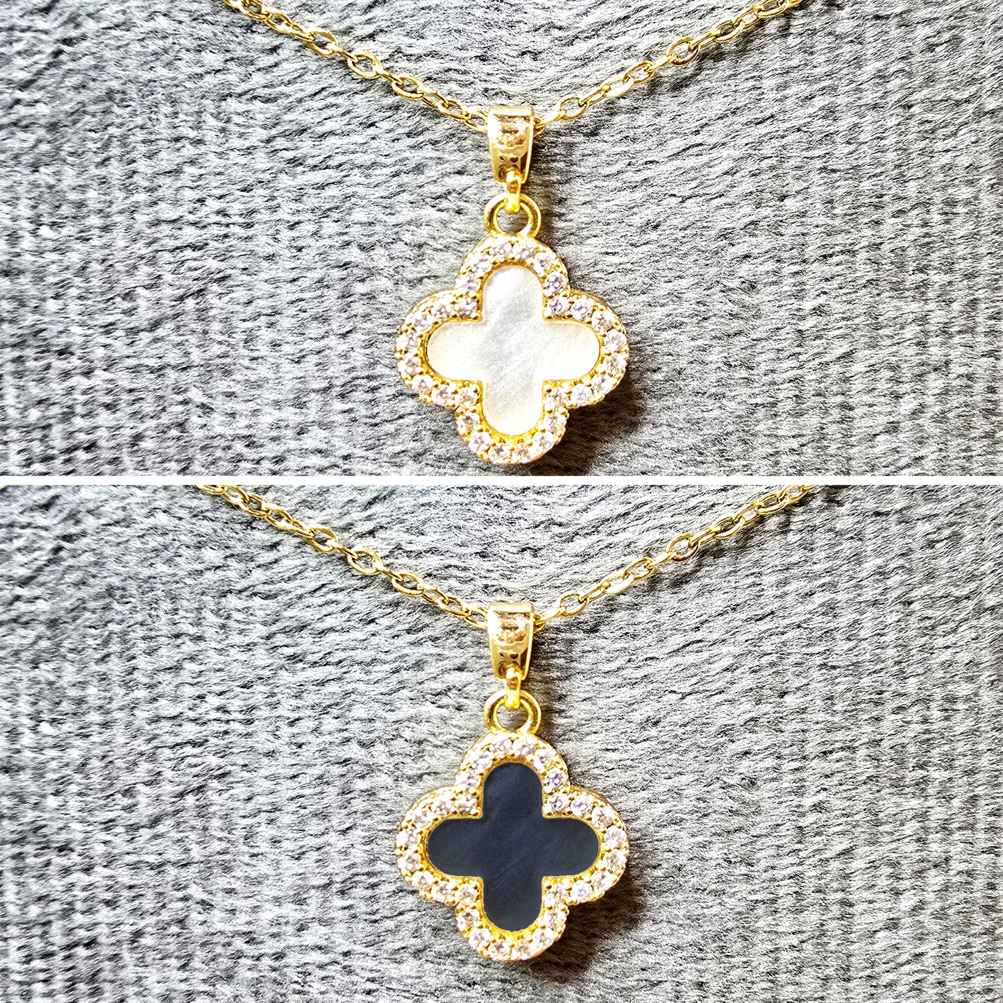 Close-up of the reversible clover pendant showing the solid gold side and the crystal-paved side.