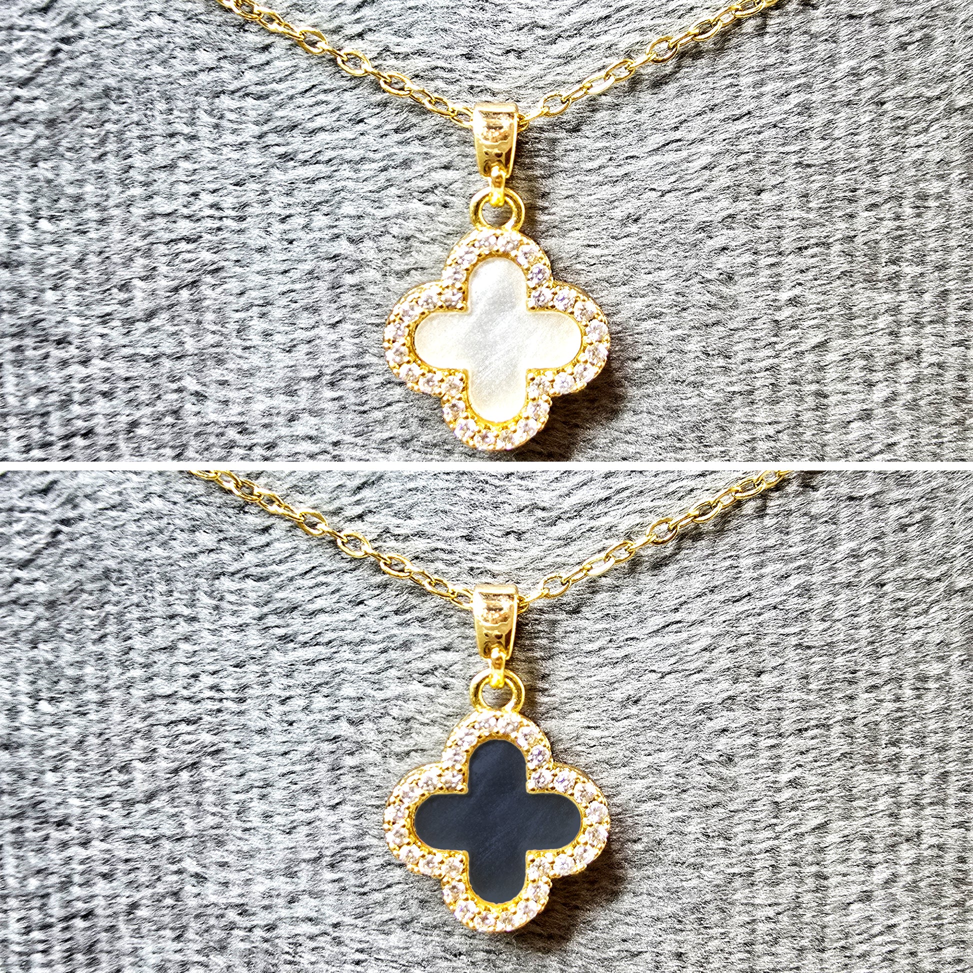 Close-up of the reversible clover pendant showing the solid gold side and the crystal-paved side.
