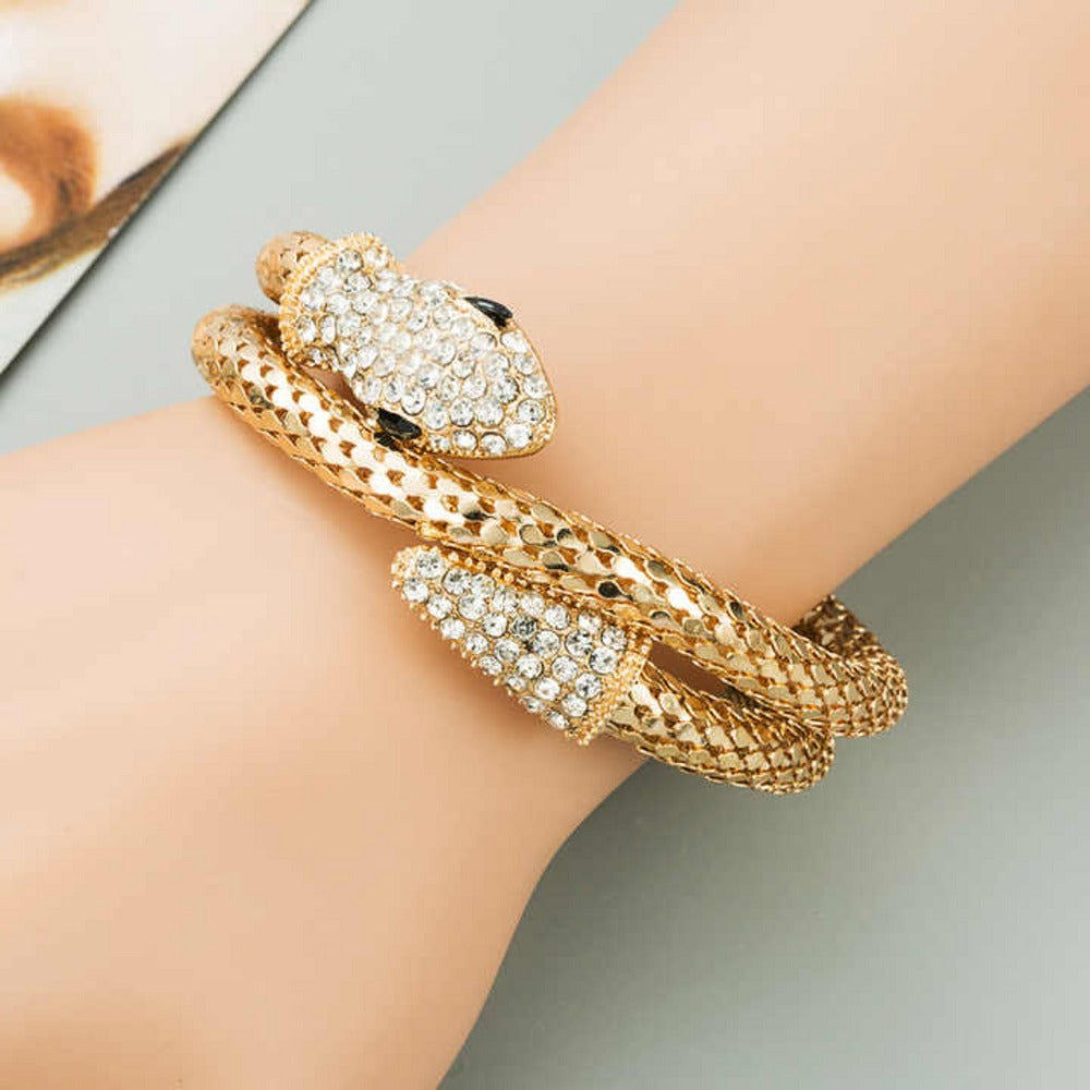 Crystal snake bracelet styled on wrist – model showcasing elegant fit
