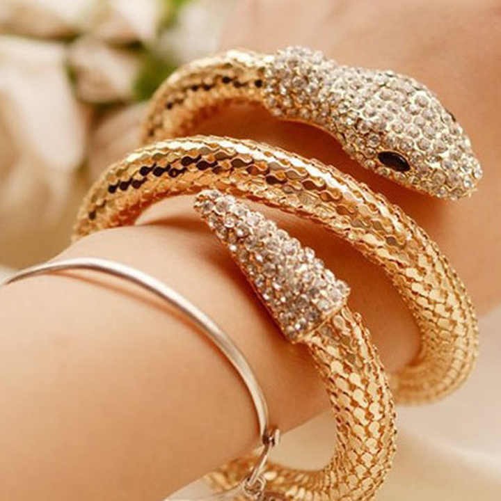 Crystal snake bracelet styled on wrist – model showcasing elegant fit