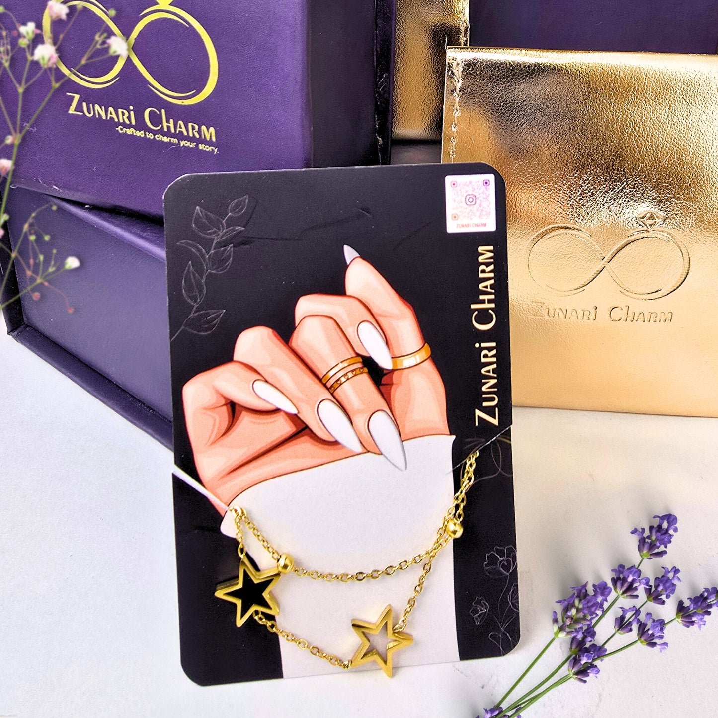 zunari charm double star bracelet premium packaging