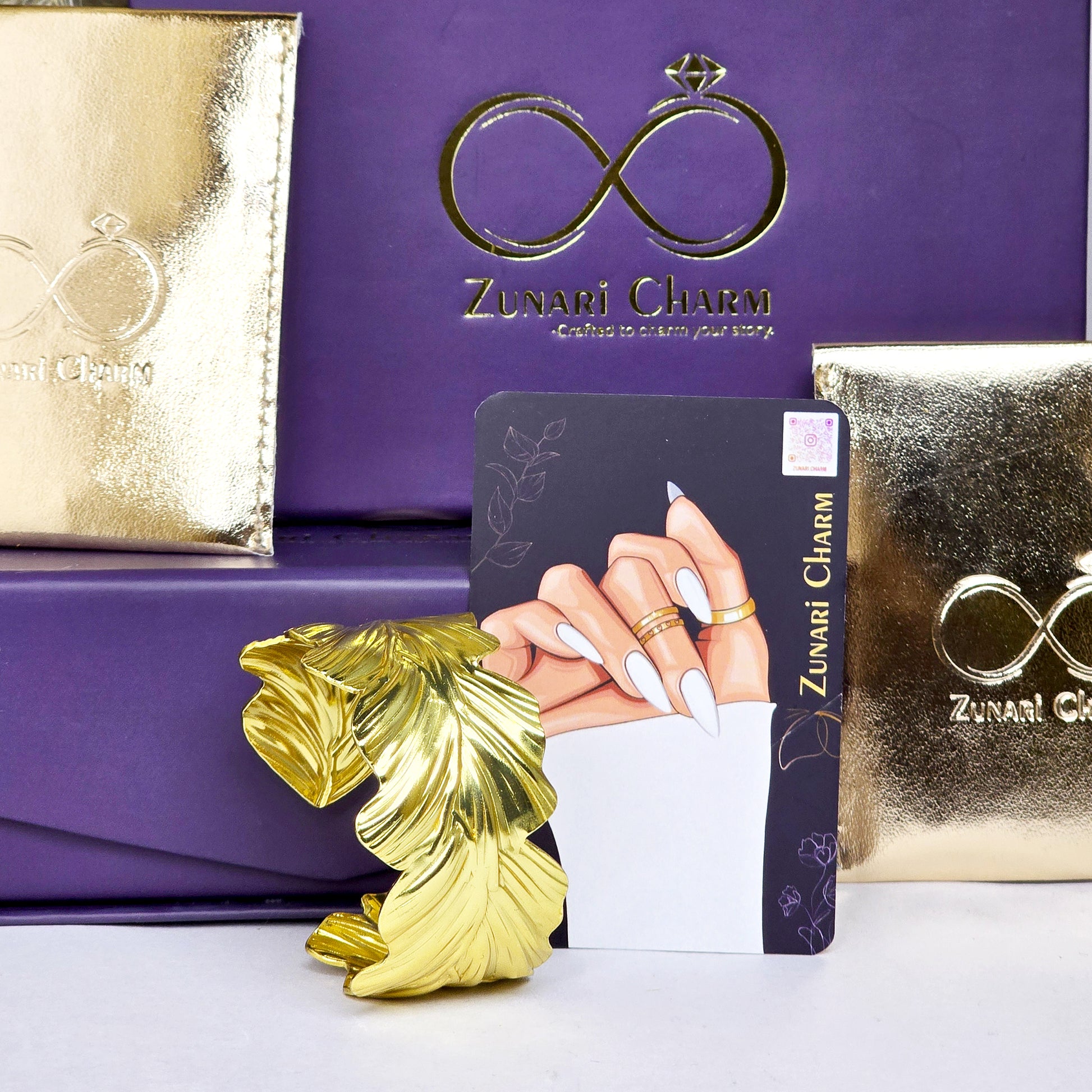 Zunari Charm Eden cuff bracelet packaging display