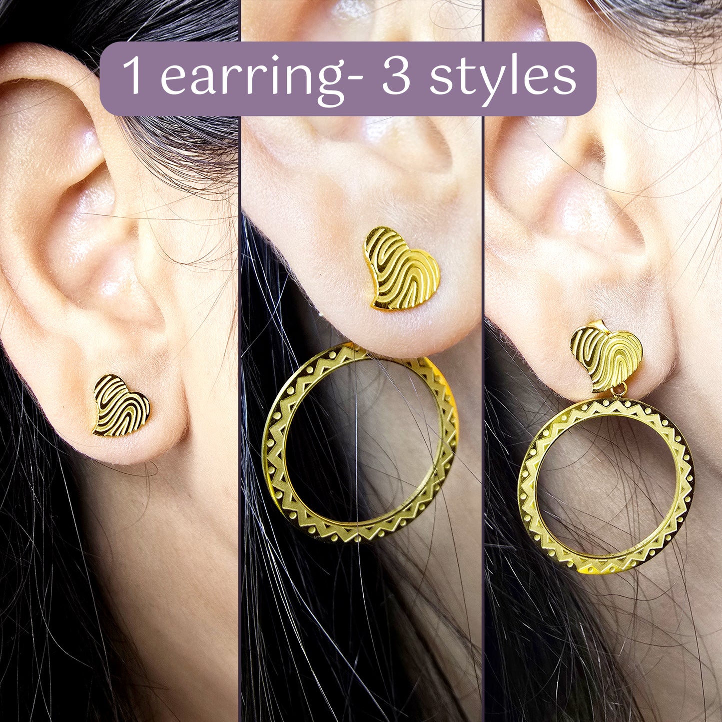 Three-way styling guide showing the etched heart earrings worn as studs, hoops, and full drop earrings.