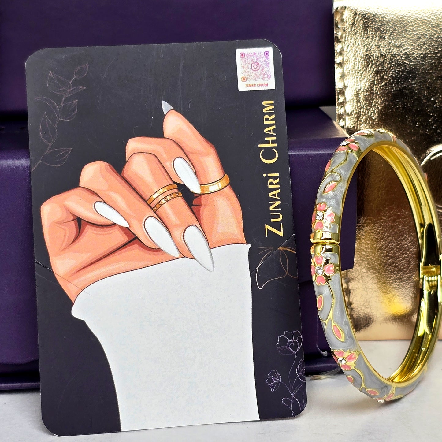 Zunari Charm grey floral bracelet display card luxury shot