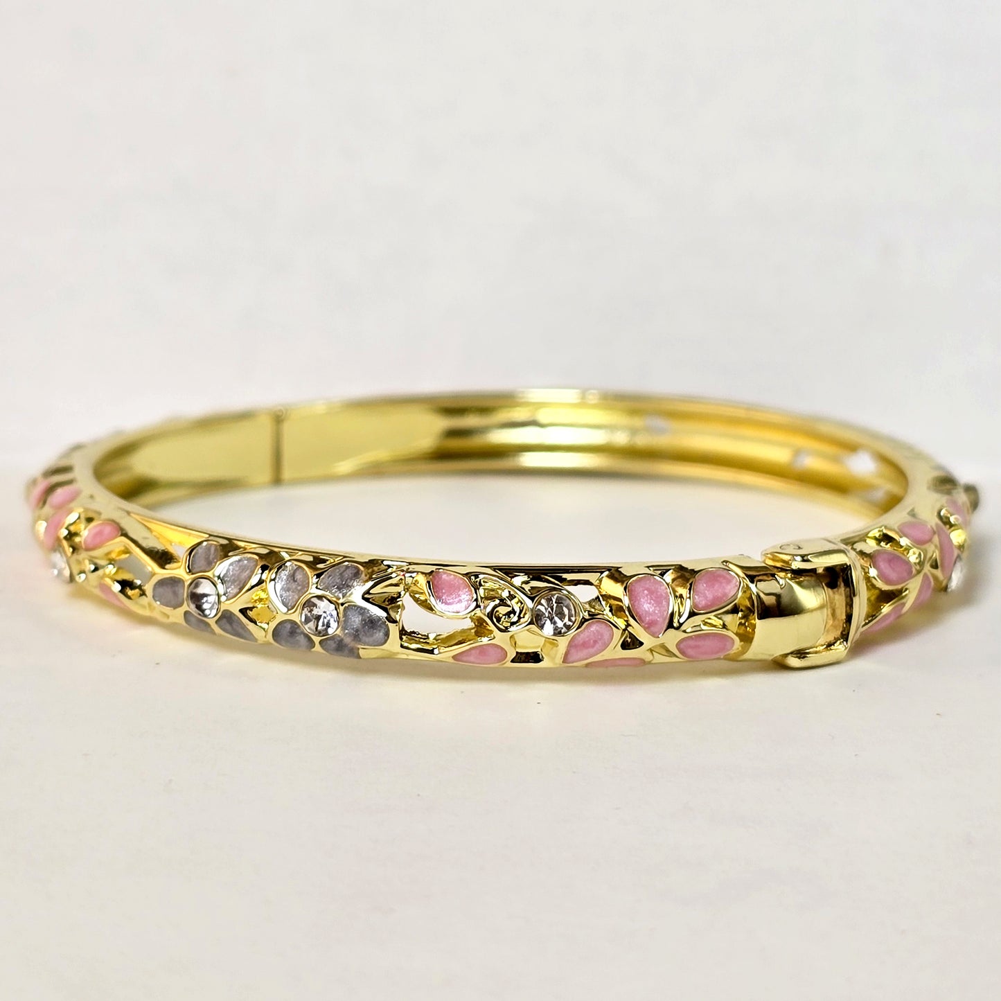 Gold pink floral bracelet front product image white background