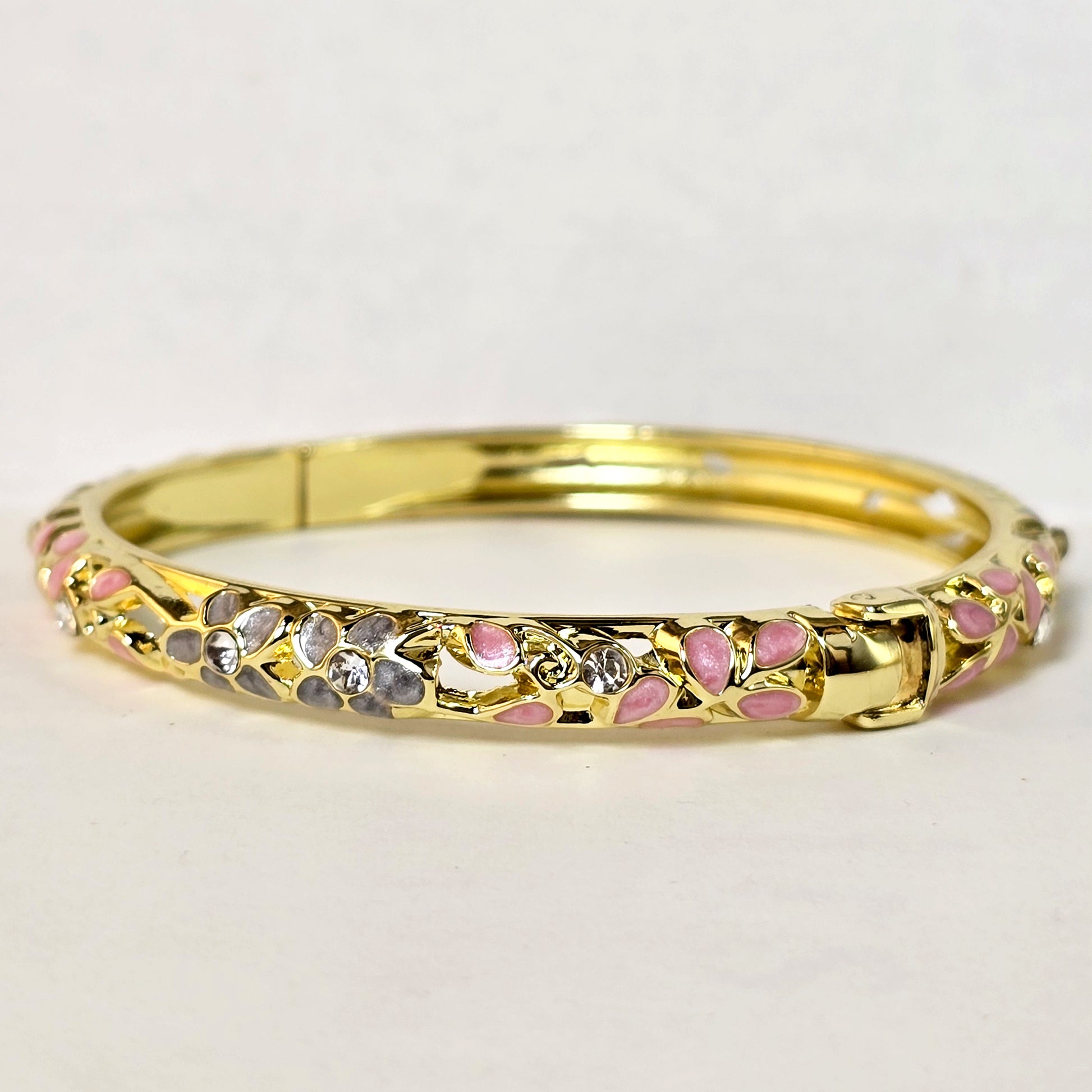 Gold pink floral bracelet front product image white background