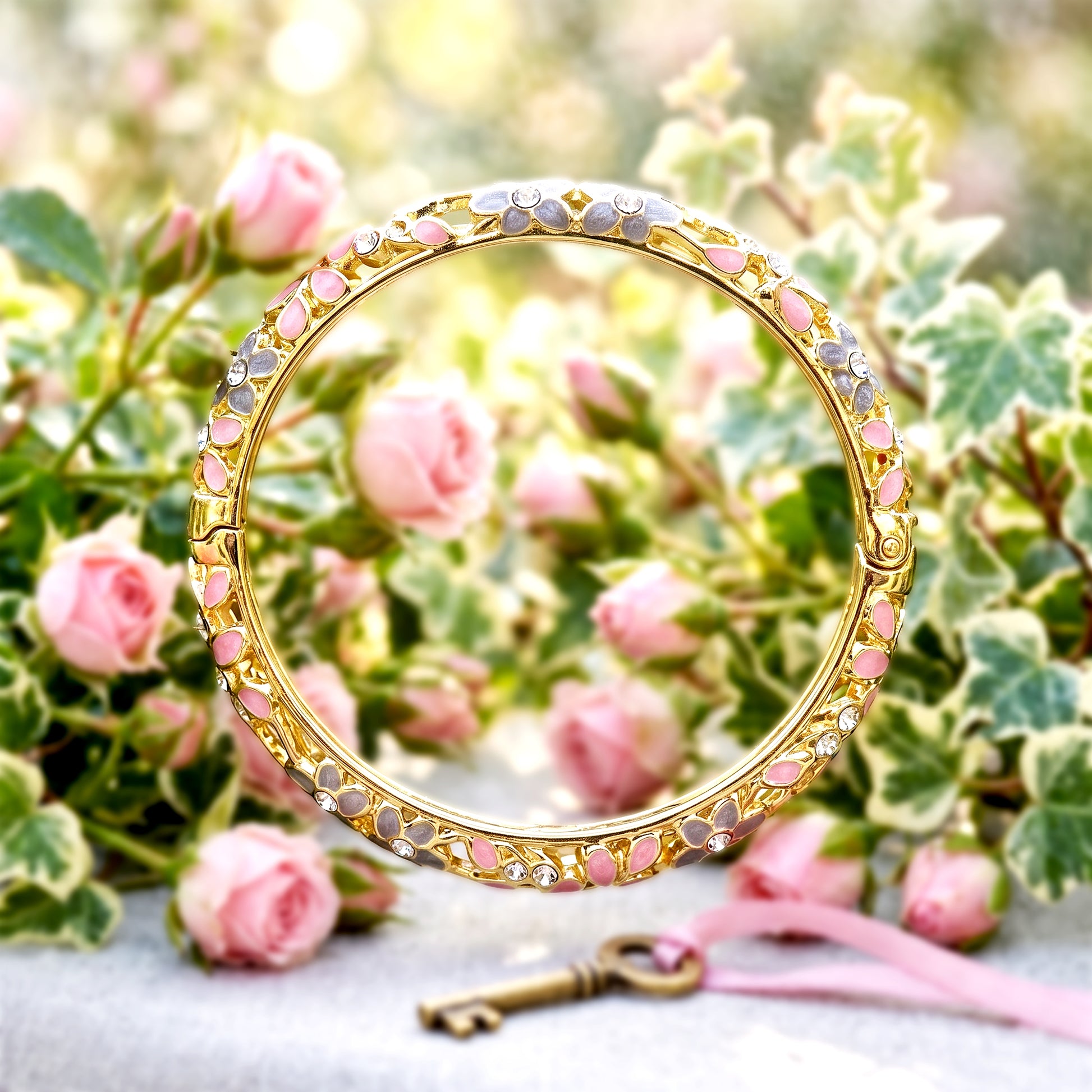 Pink enamel bracelet styled with roses outdoor setting