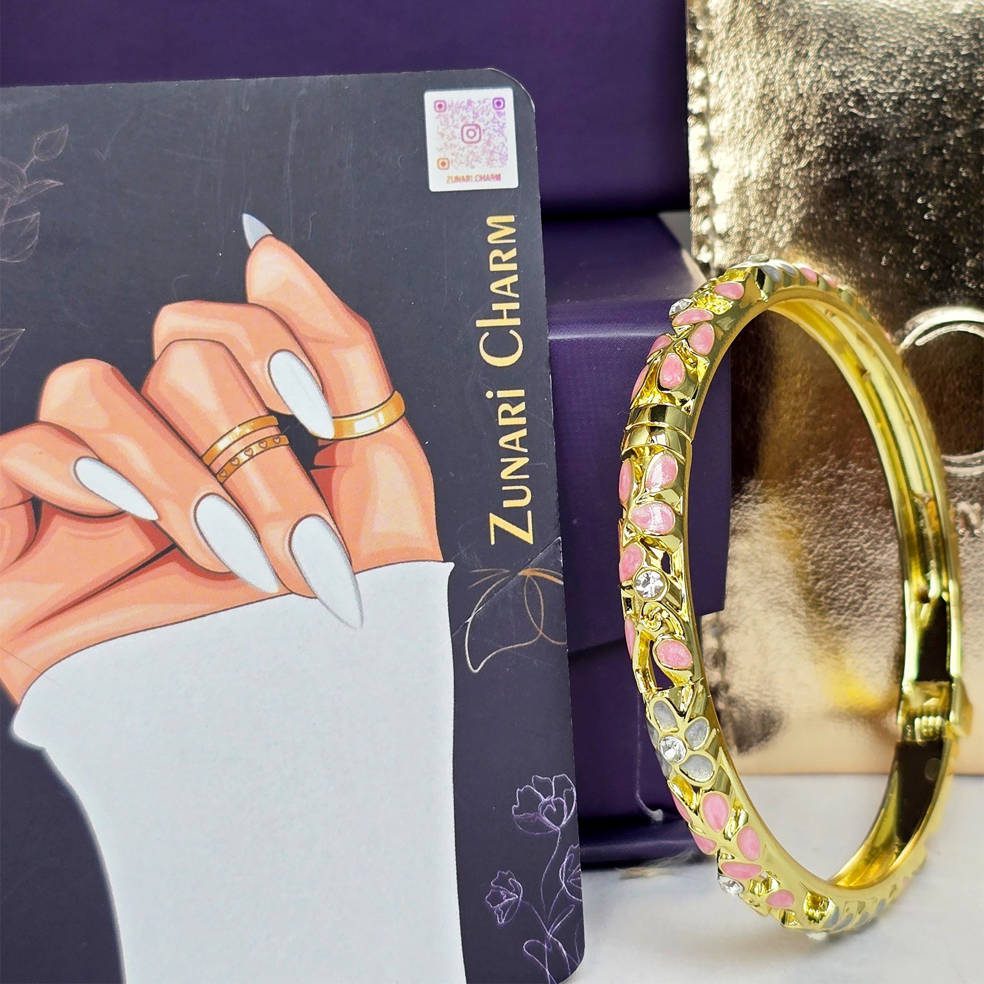 Zunari Charm pink floral bracelet display card close-up